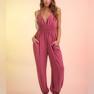 Mauve Sleeveless Gathered Waist Jumpsuit With Pockets